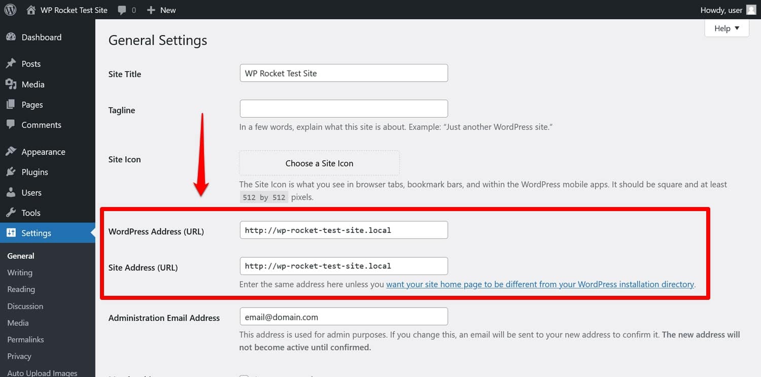 Update site domains in WordPress settings