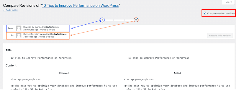 Comparing two revisions versions - Source: my WordPress revisions interface