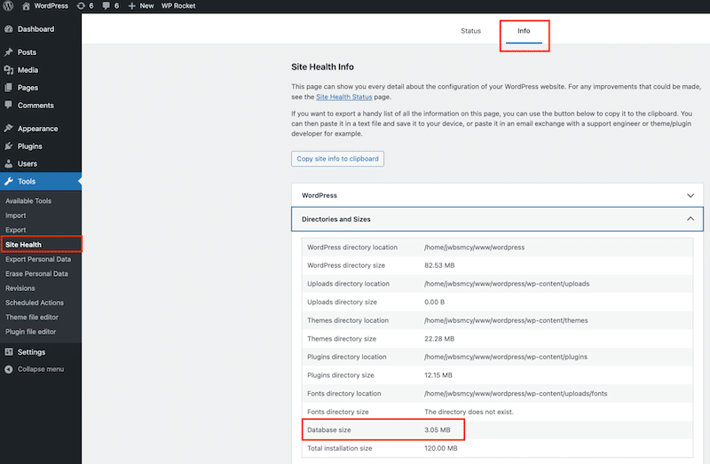 Database size after optimization with WP Rocket - Source: my WordPress admin