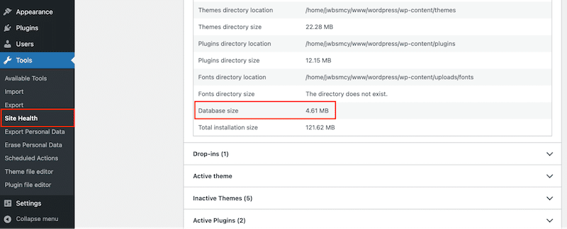 Database size before optimization - Source: my WordPress admin