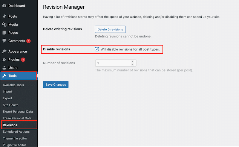 Disabling WordPress revisions with Disable Post Revision plugin - Source: the Disable Post Revision plugin
