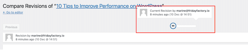Dragging the slider to check anterior versions - Source: my WordPress revisions interface