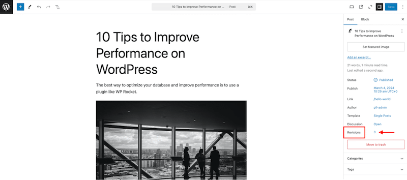 How to access the revisions interface in the block editor - Source: my WordPress admin