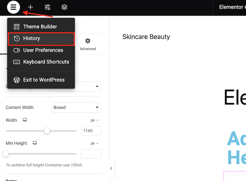 Launching the History interface on Elementor - Source: my test site