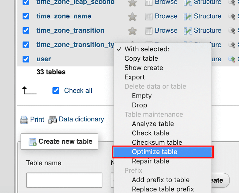 Optimizing the revision tables of the database manually - Source: phpMyAdmin