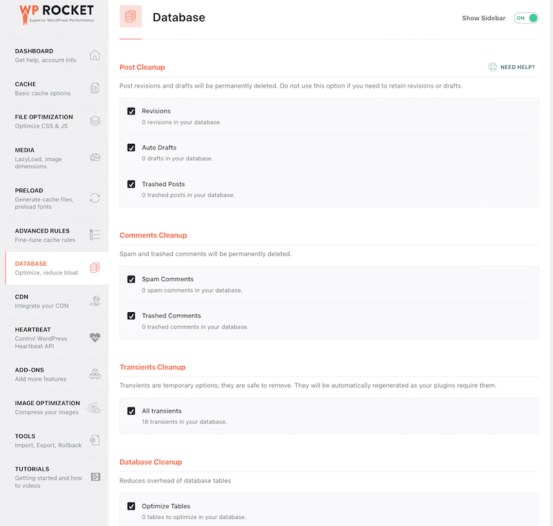 Revisions and database optimization with WP Rocket - Source: WP Rocket