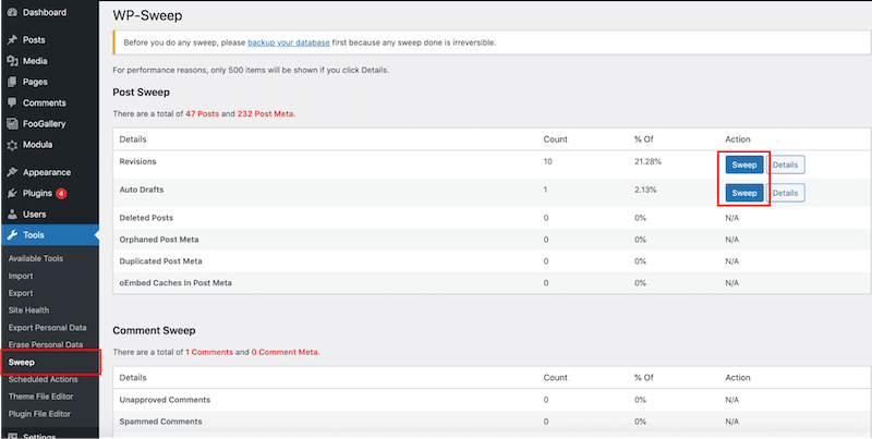 Sweeping revisions and autodrafts to optimize the database - Source: WP Sweep