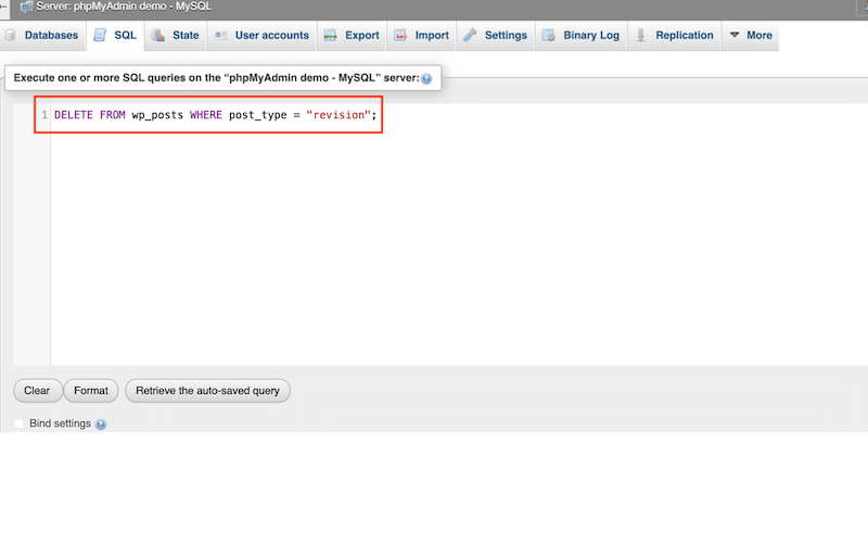 The code snippet to delete WordPress revisions from the database - Source: phpMyAdmin