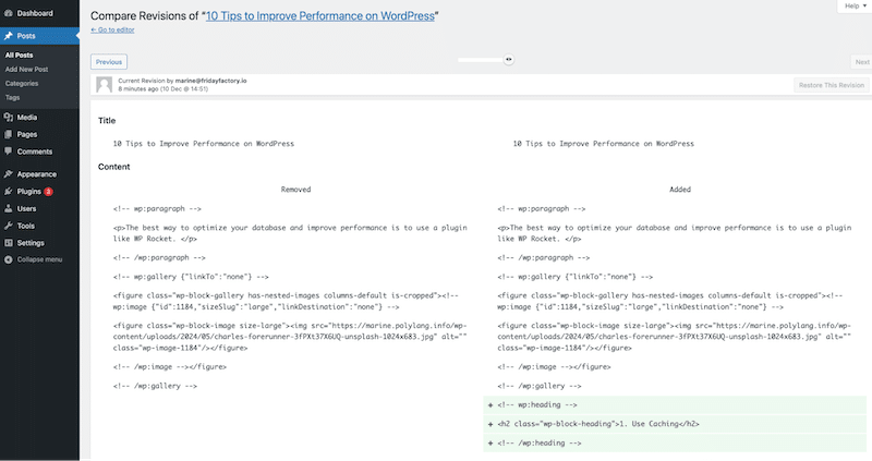 The revisions interface - Source: my WordPress revisions interface
