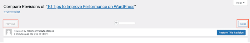Using Previous or Next to check anterior versions - Source: my WordPress revisions interface